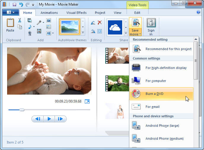 esporta video windows movie maker