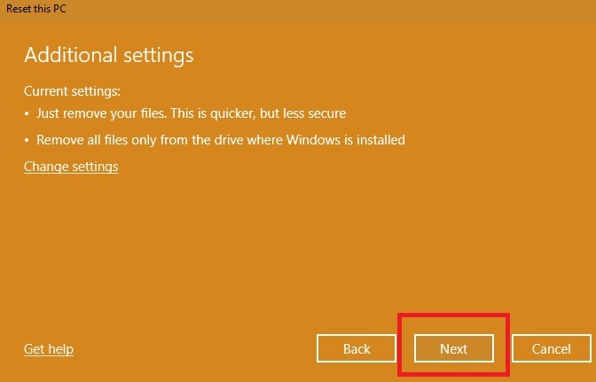 Reset Windows10 Factory Settings Ignore Additional Settings