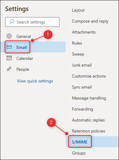 Outlook's Settings menu, with the "S/MIME" option highlighted.