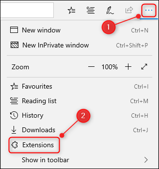The 3 dots and browser menu in Edge, with the "Extensions" option highlighted.