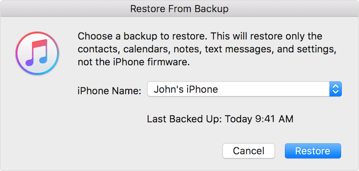 select iTunes backup to restore