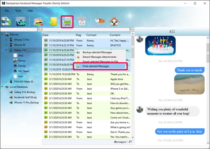 Print Selected Facebook Messages from Android Phone On PC
