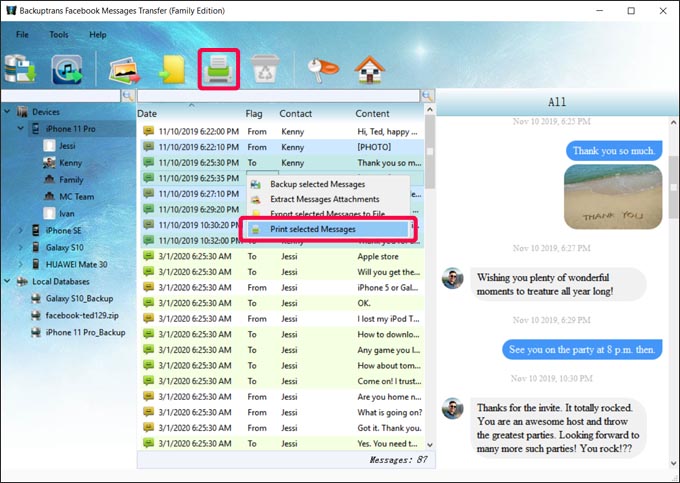 Print Selected Facebook Messages from iPhone On PC