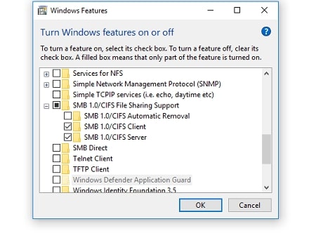 Go to Window Features and Check SMB1.0/CIFS File Sharing Support