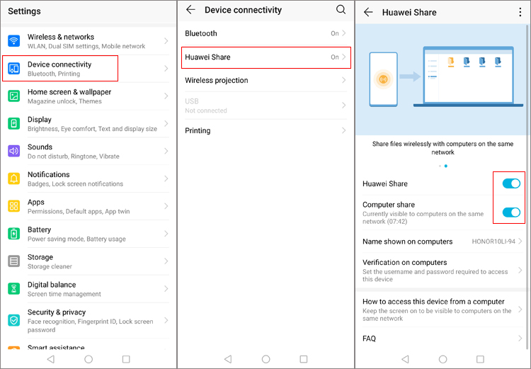 Go to Settings and Turn on Huawei Share and Computer Share