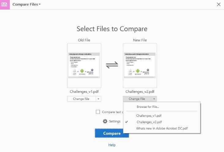 compare two pdf files with adobe acrobat